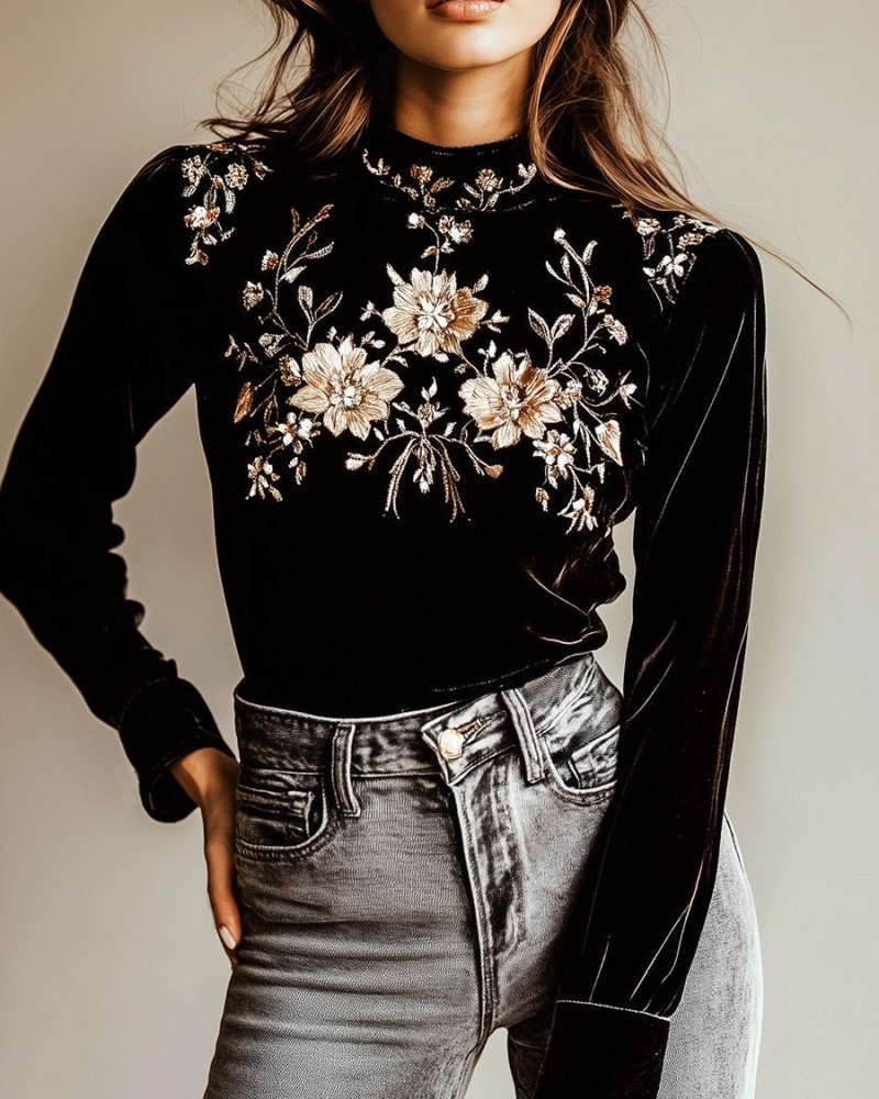 Mock Neck Floral Embroidery Long Sleeve Velvet Blouse