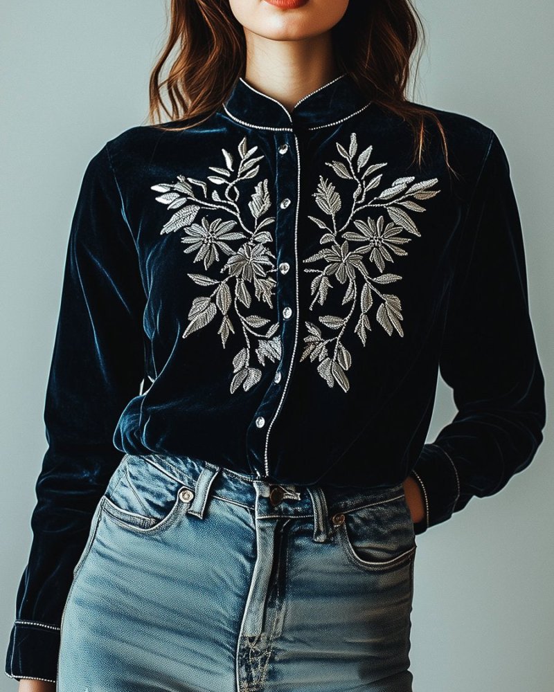 Stylish Silver leaves Embroidery Single-breasted Velvet Shirt - Image 2